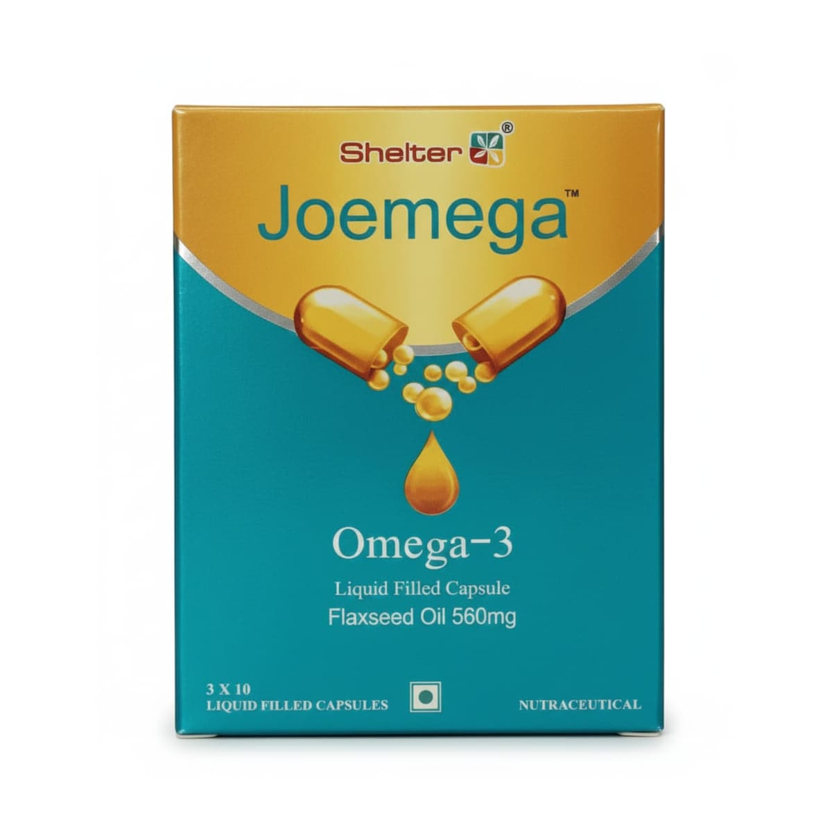 Joemega — Omega-3 flaxseed-oil capsules (560 mg, liquid-filled), a vegetarian alternative to fish-oil supplements.