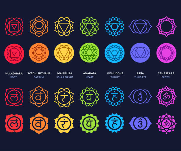 Chakra symbols set on dark background. Different styles,