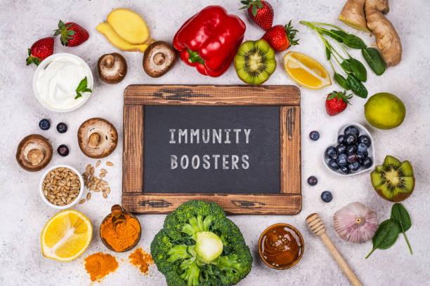Healthy products - immunity boosters. Fruits and vegetables for healthy immune system. Top view. Copy space